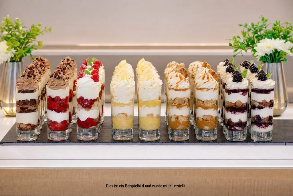 Eine Reihe von verschiedenen Desserts in kleinen Gläsern, dekoriert mit Blumen