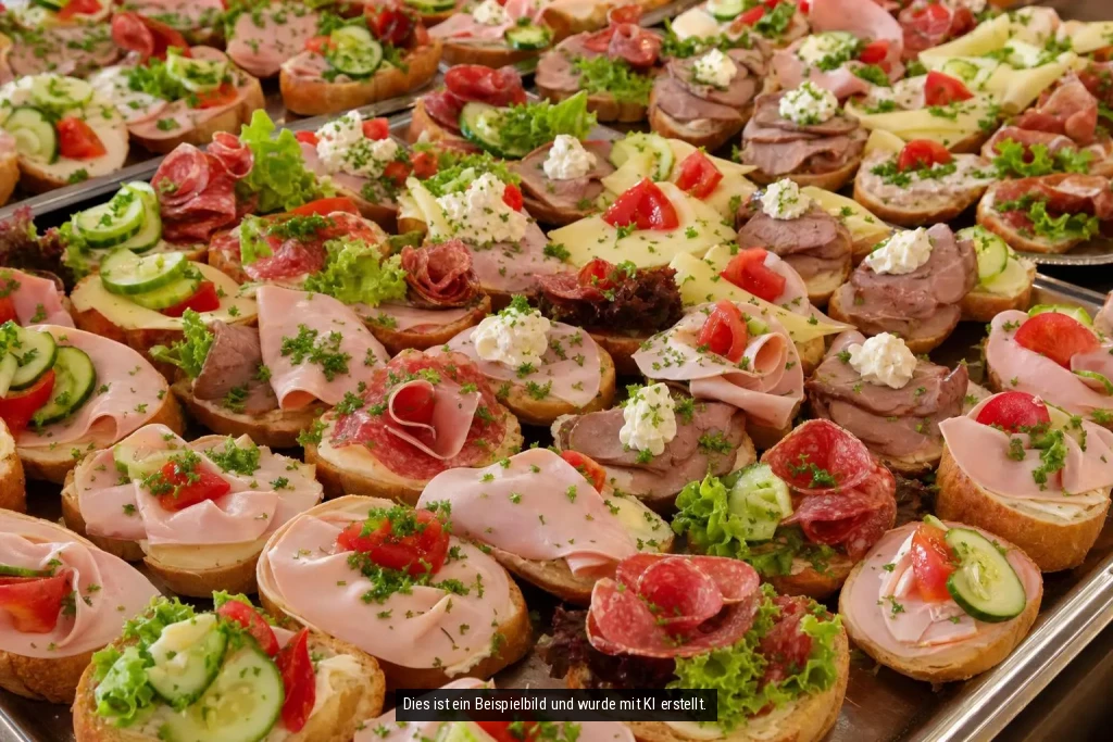 Ein Tablett voller kleiner Vorspeisen, die meisten mit verschiedenen Belägen wie Wurst, Gurken, Tomaten und Petersilie.