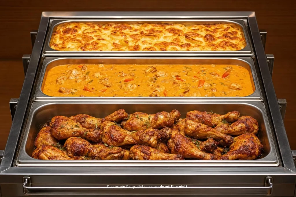 Ein Buffet mit drei Fächern, Hähnchen, Käse und Gemüse