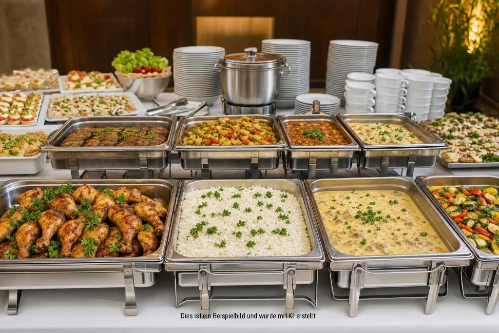 Ein umfangreiches Buffet mit verschiedenen Gerichten. Eine Vielzahl von Speisen in Metallbehältern.