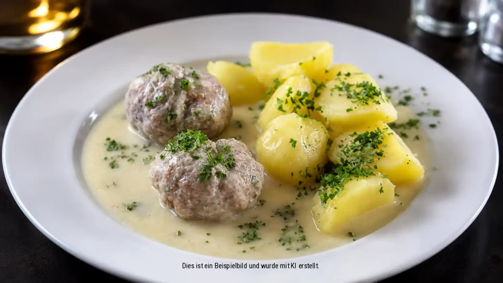 Ein Teller mit Frikadellen, Kartoffeln und einer cremigen Soße, bestreut mit frischen Kräutern.
